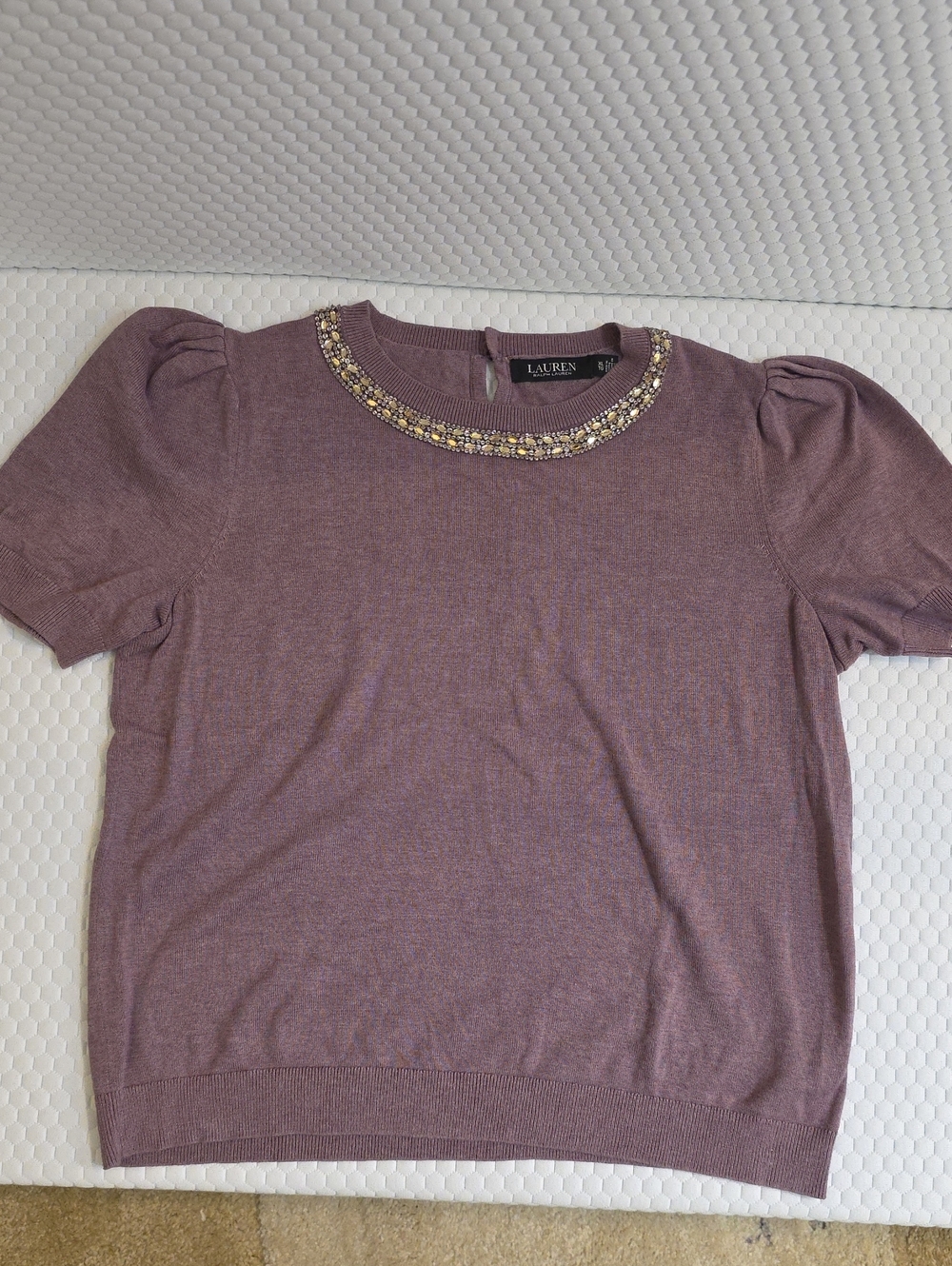 Ralph Lauren Mauve Puff-Sleeve Knit Top with Beaded Neck